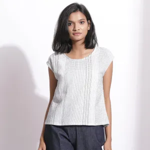 White Blue Striped Yarn Dyed Cotton Round Neck Top