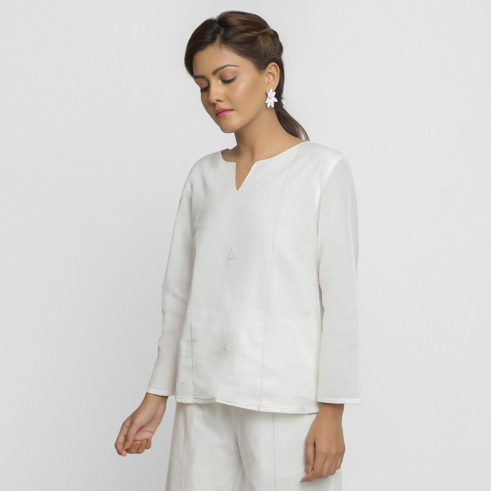 White Embroidered Organic Cotton Split Neck Top