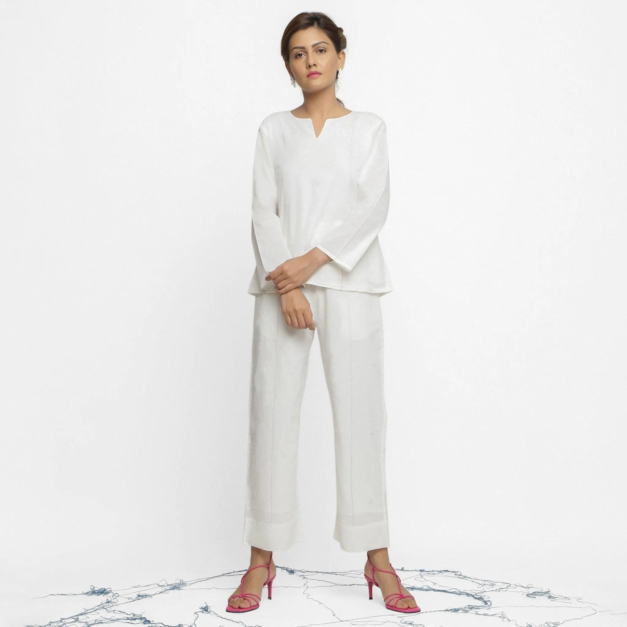 White Embroidered Organic Cotton Split Neck Top