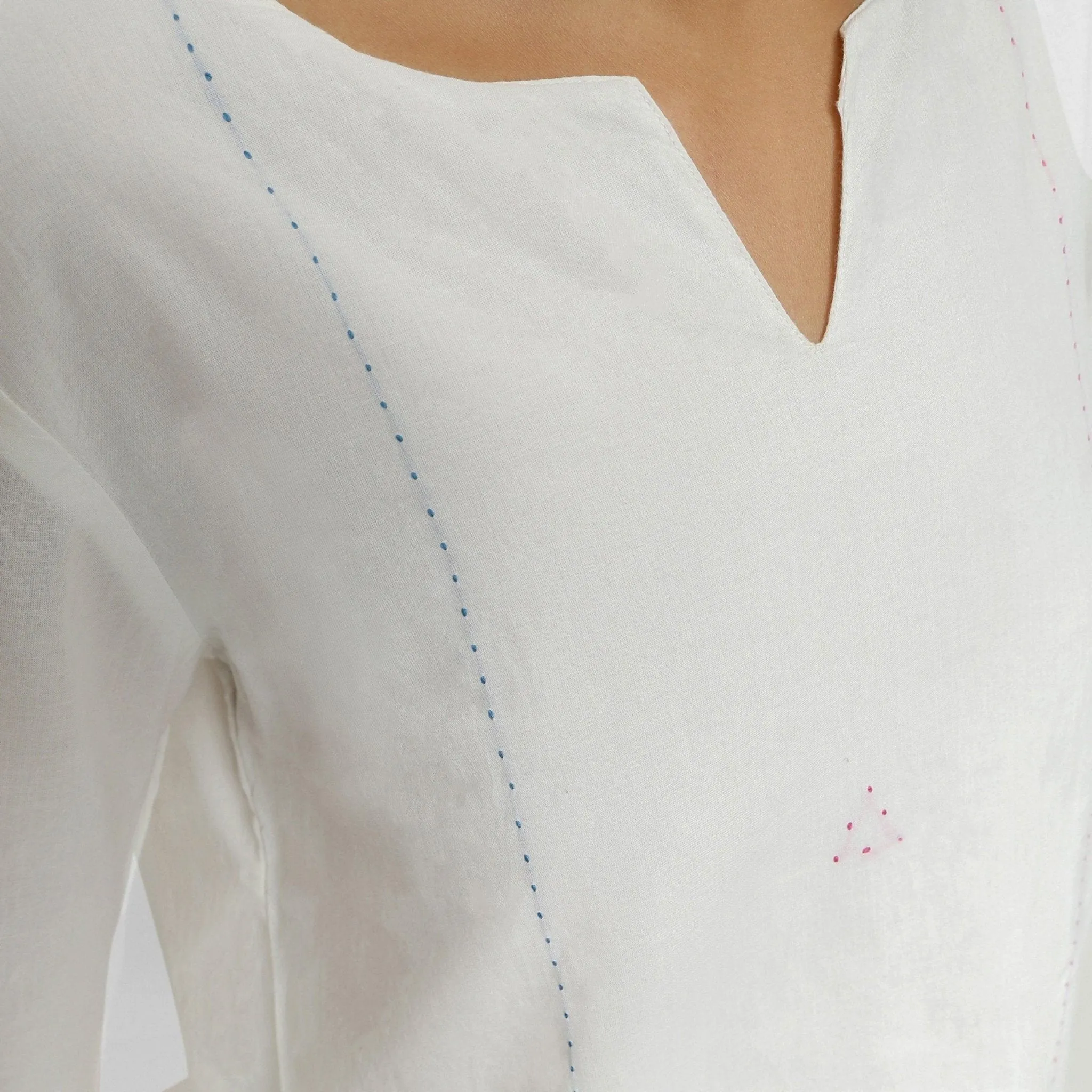 White Embroidered Organic Cotton Split Neck Top