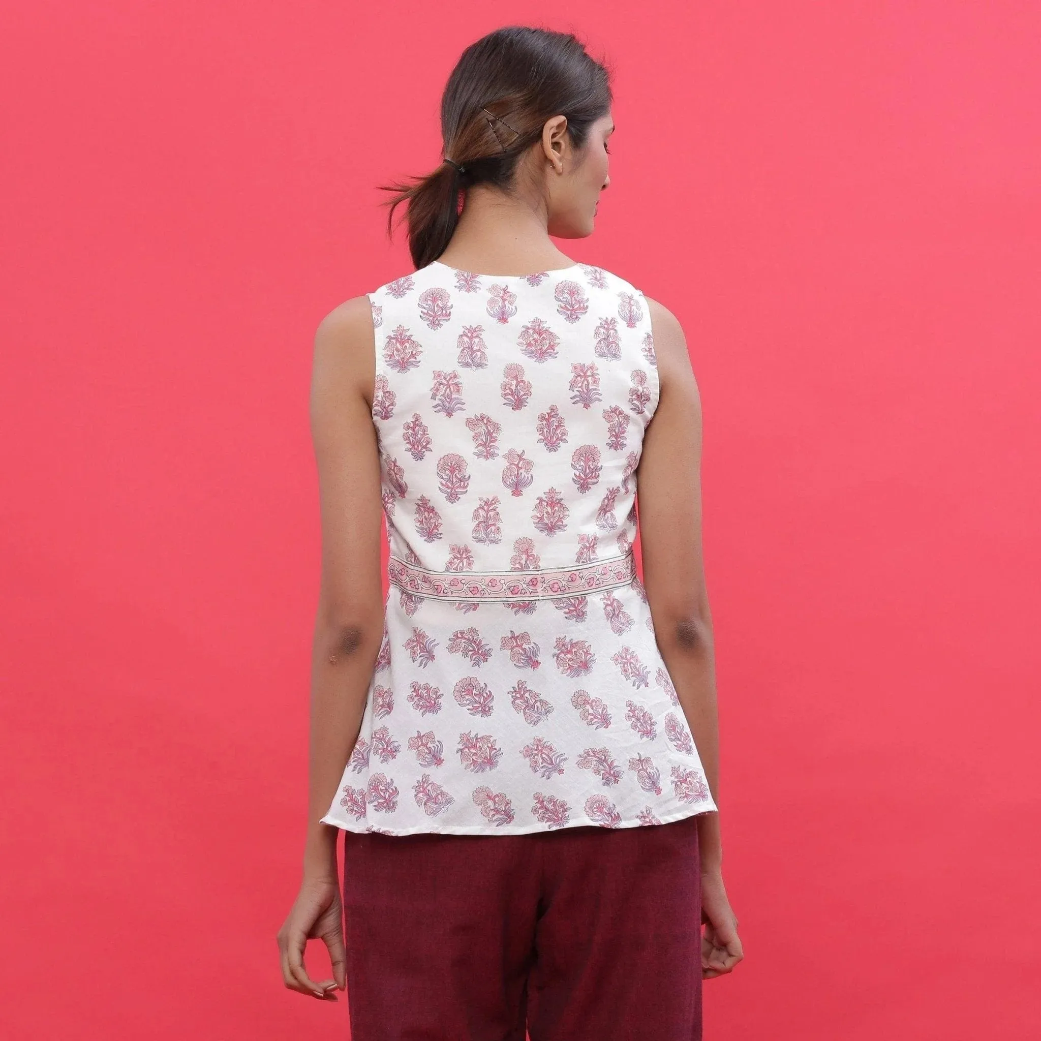 White Sanganeri Block Print High-Low Cotton Top