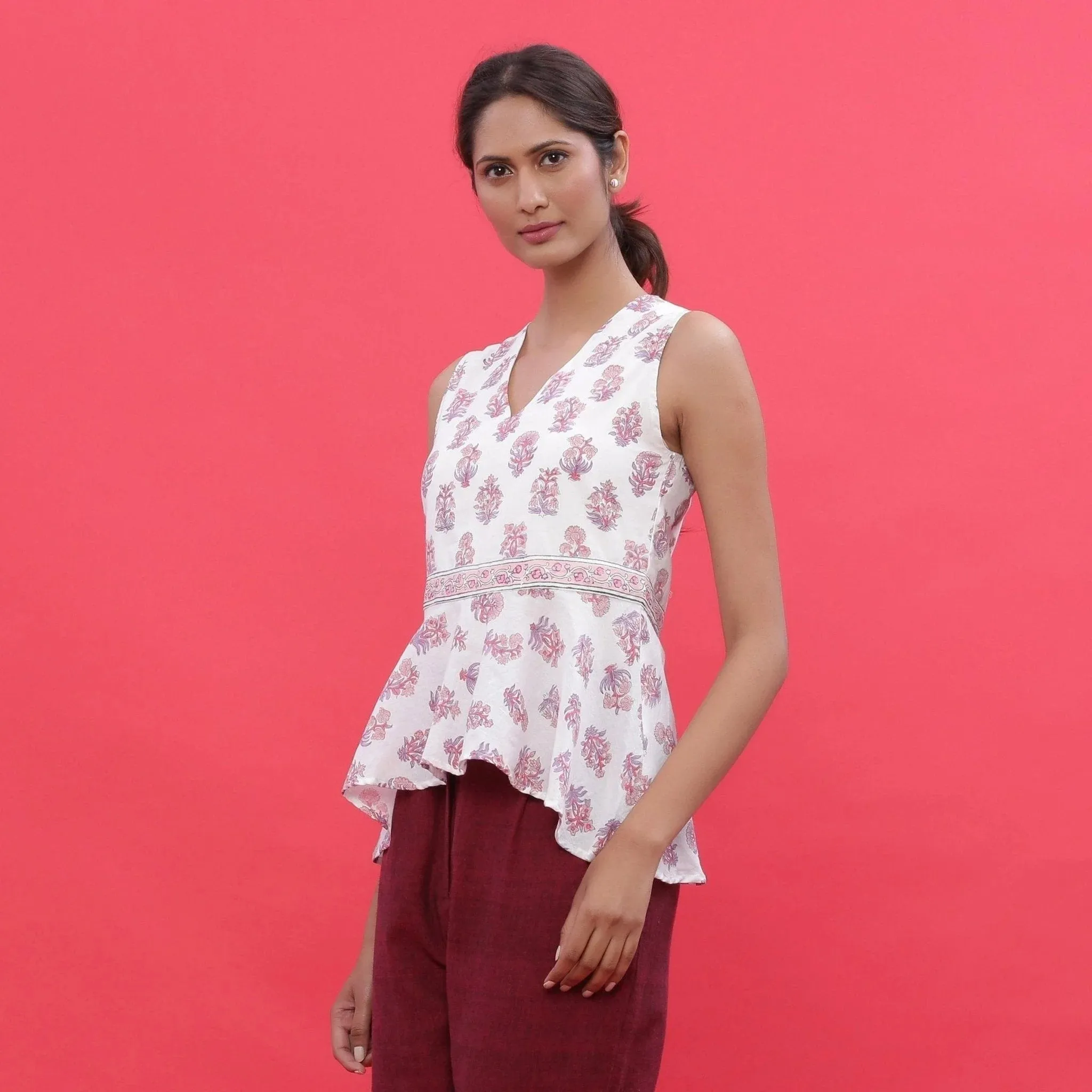 White Sanganeri Block Print High-Low Cotton Top