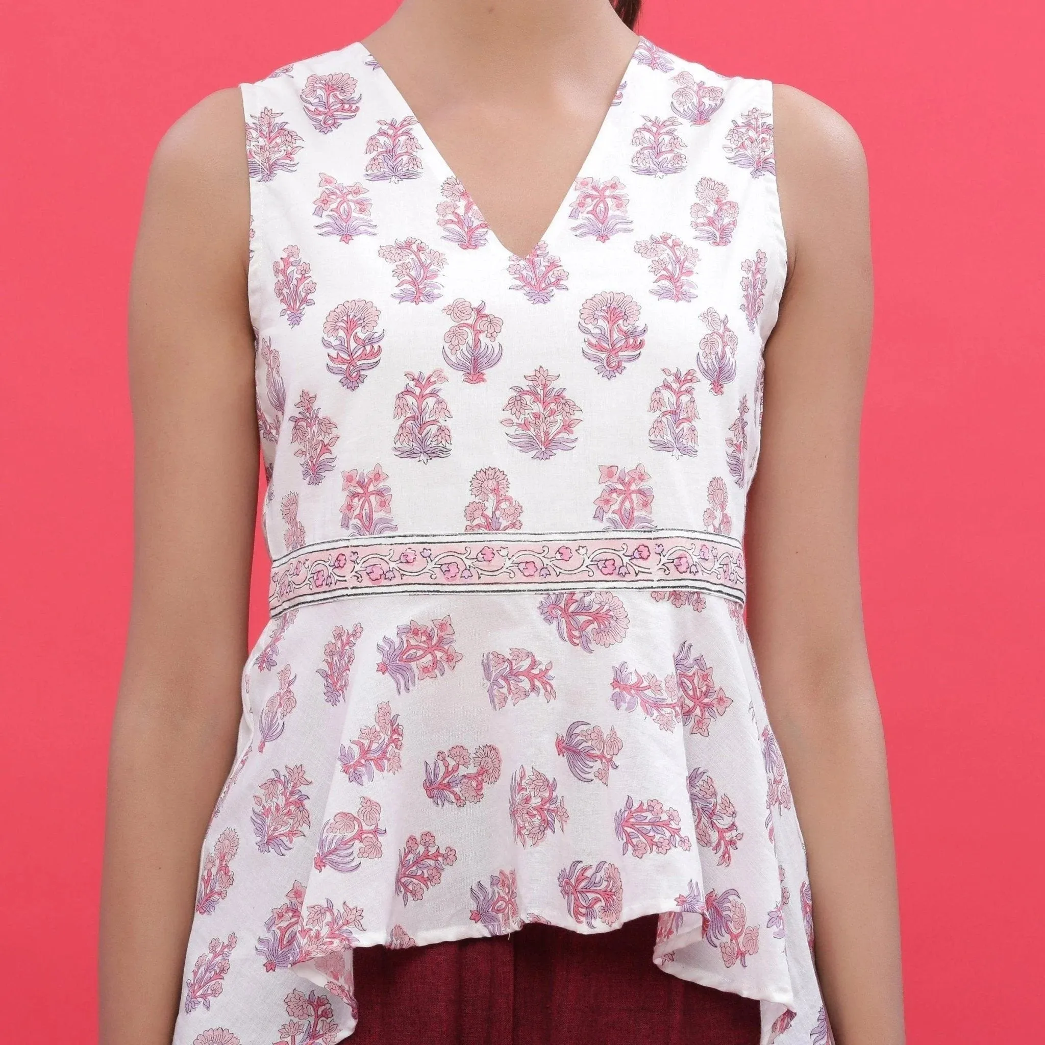 White Sanganeri Block Print High-Low Cotton Top