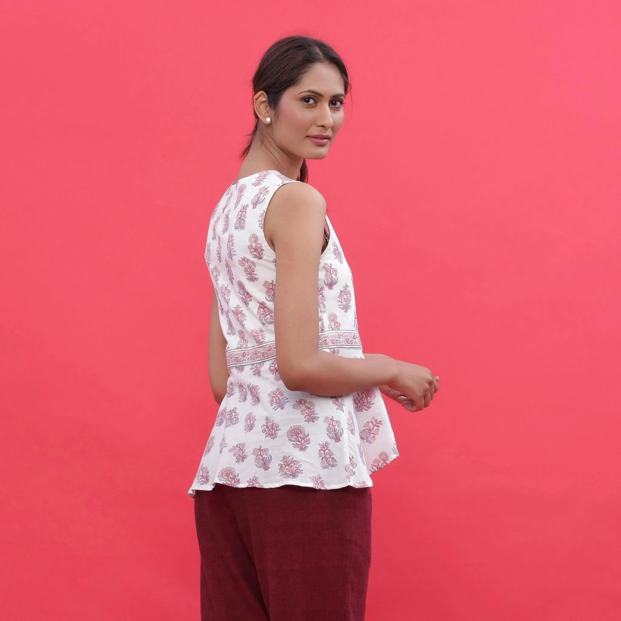White Sanganeri Block Print High-Low Cotton Top