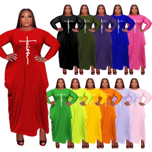 Women Long Sleeve Loose Plain Casual Plus Size Long Maxi Dress with Pockets