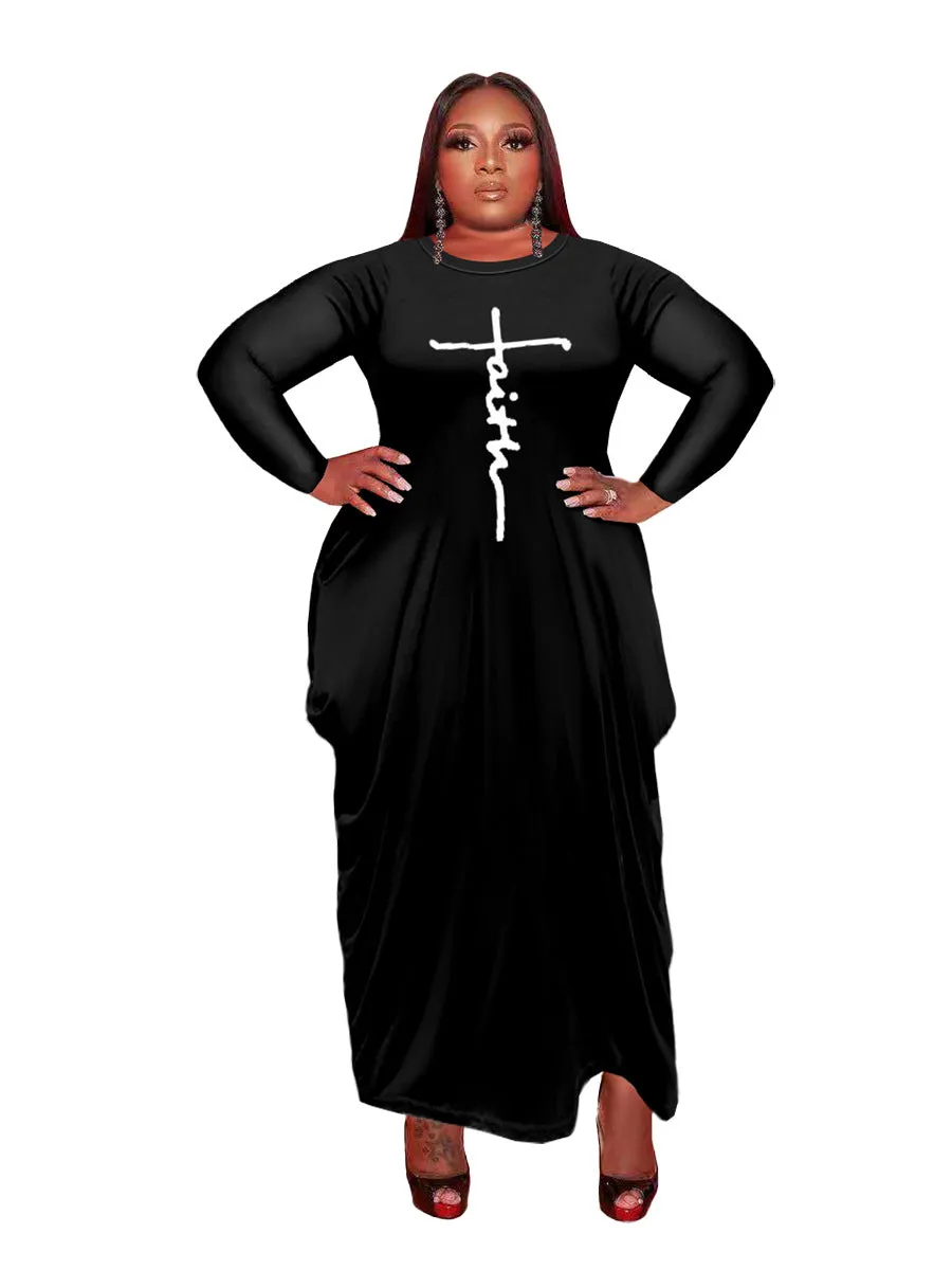 Women Long Sleeve Loose Plain Casual Plus Size Long Maxi Dress with Pockets