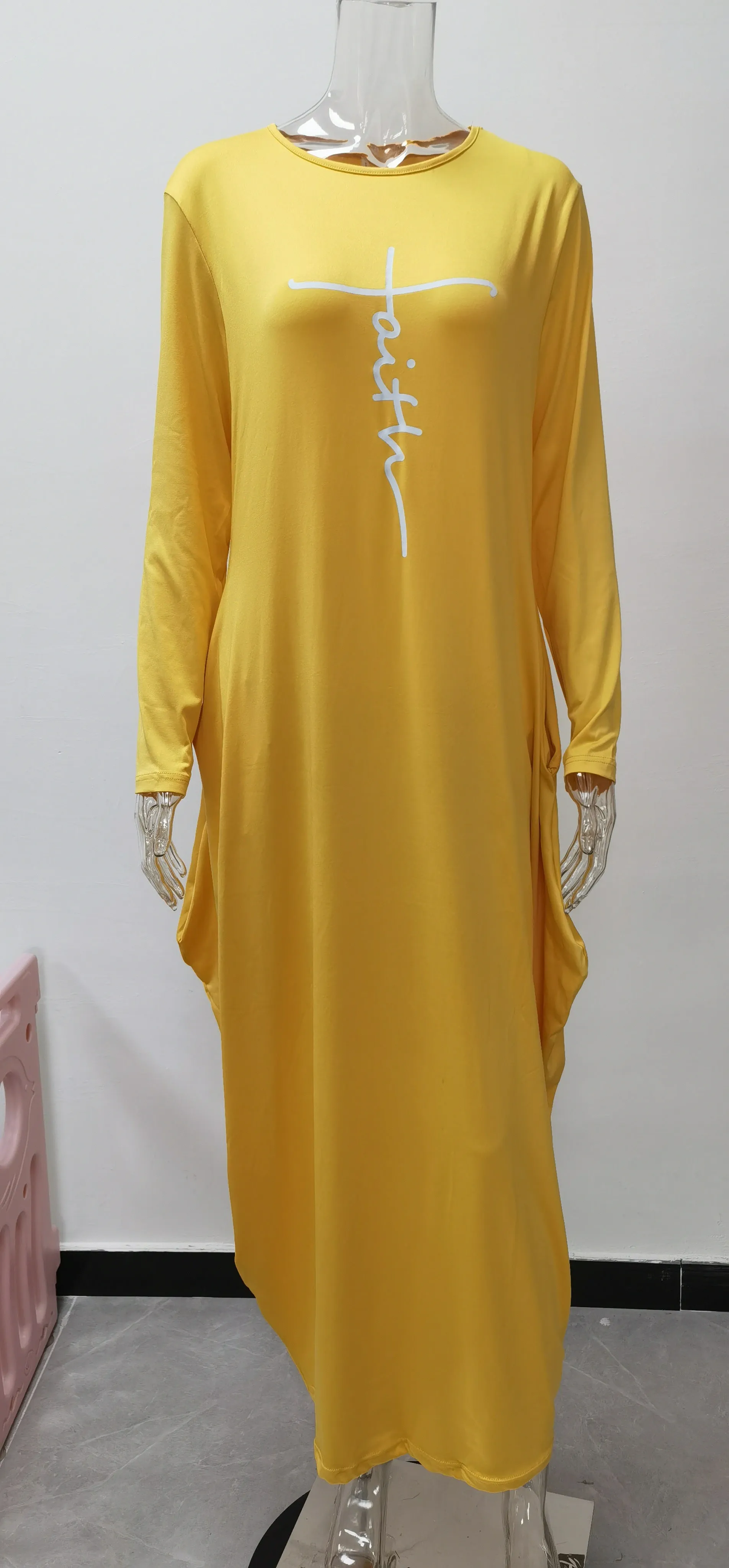 Women Long Sleeve Loose Plain Casual Plus Size Long Maxi Dress with Pockets
