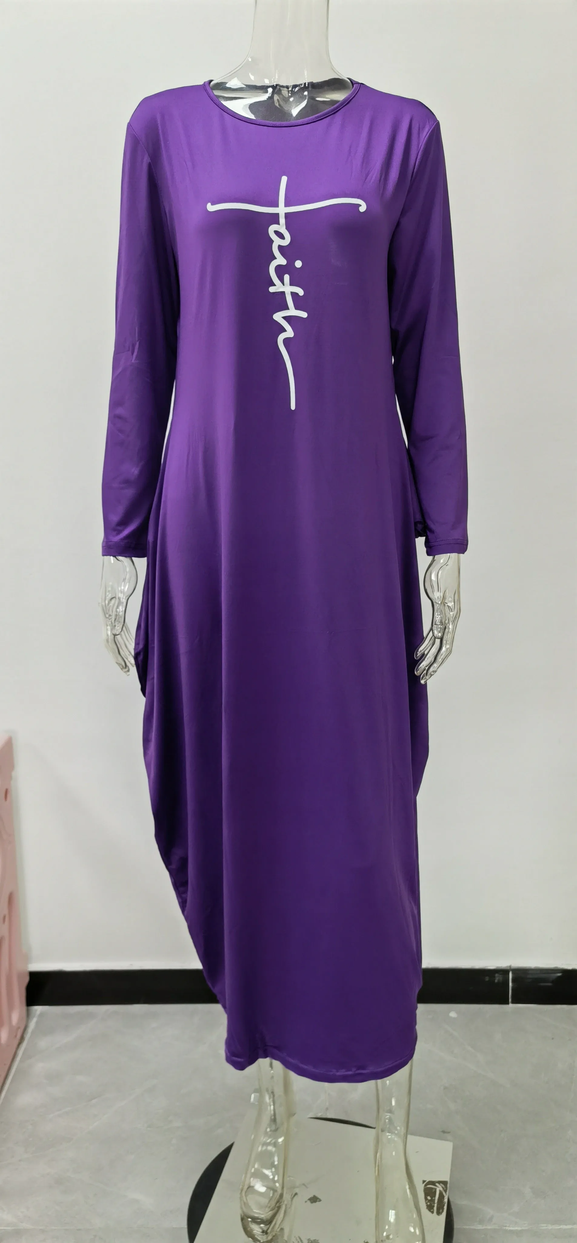 Women Long Sleeve Loose Plain Casual Plus Size Long Maxi Dress with Pockets