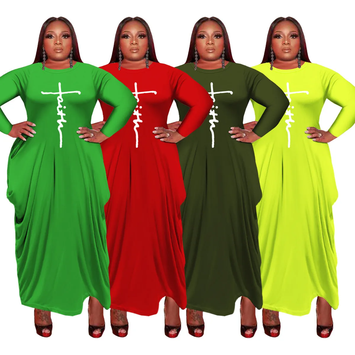 Women Long Sleeve Loose Plain Casual Plus Size Long Maxi Dress with Pockets