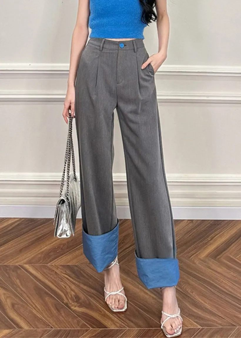 Women Rose Pockets Patchwork High Waist Straight Pants UU1011