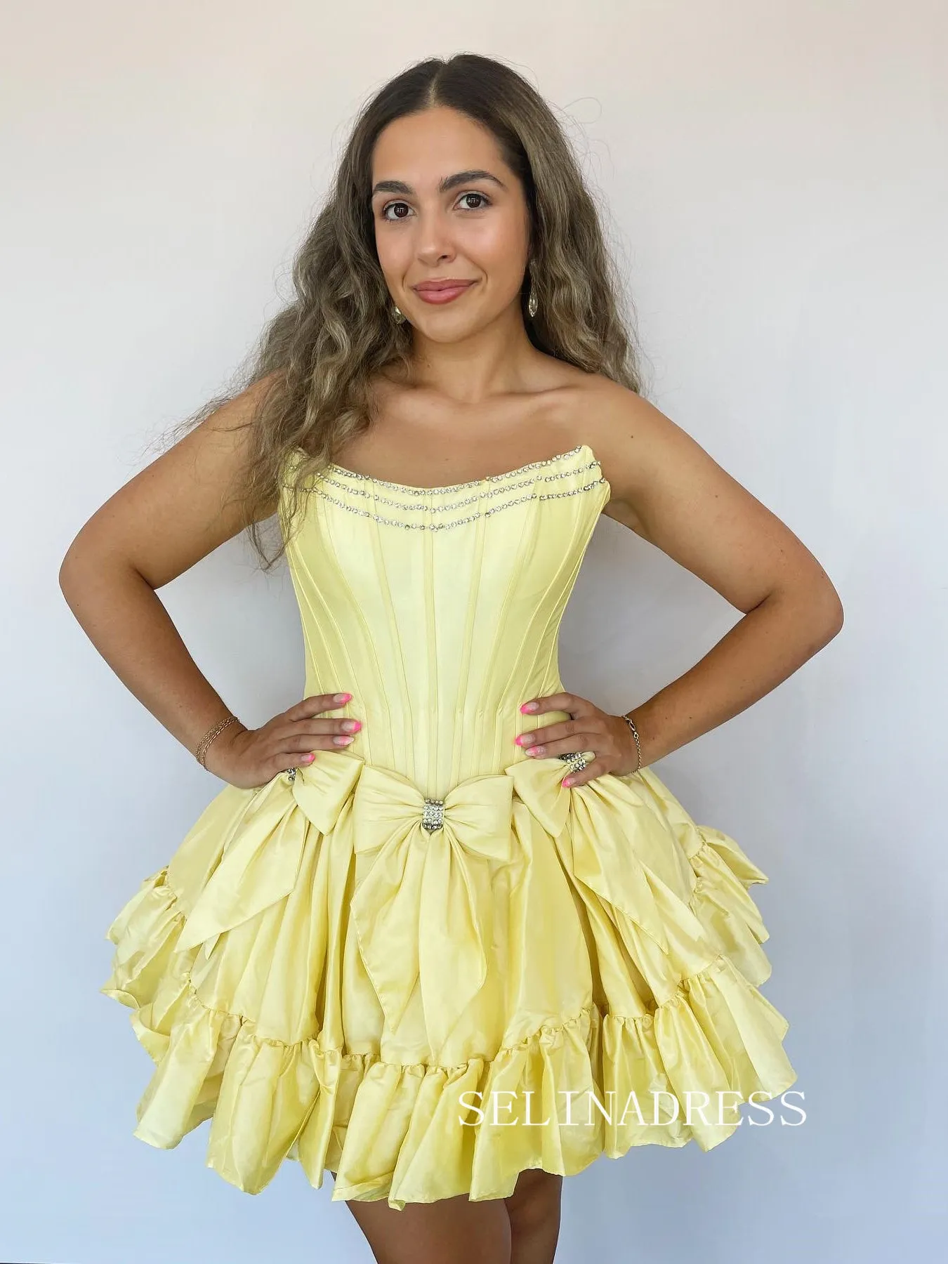 Yellow Strapless Short Homecoming Dresses With Bowknot Cute Hoco Dress #TKL1908