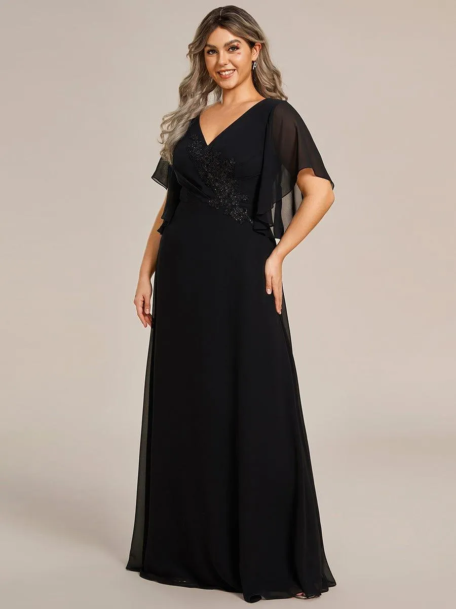 Yvonne | Graceful Plus Size A-line Ruffles Sleeve Chiffon Mother of the Bride Dress with Applique
