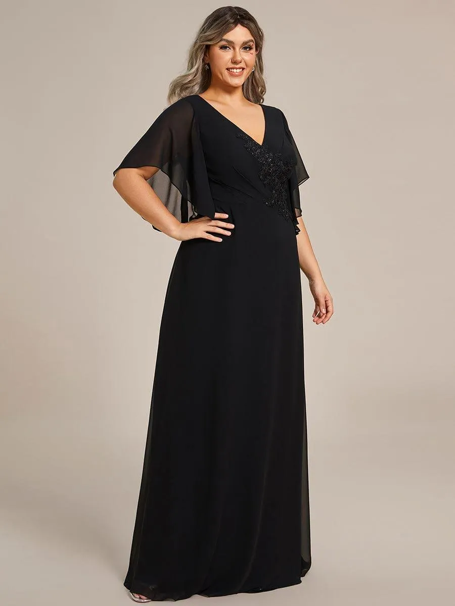 Yvonne | Graceful Plus Size A-line Ruffles Sleeve Chiffon Mother of the Bride Dress with Applique