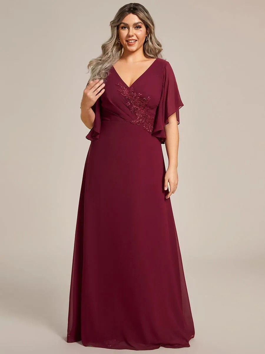 Yvonne | Graceful Plus Size A-line Ruffles Sleeve Chiffon Mother of the Bride Dress with Applique
