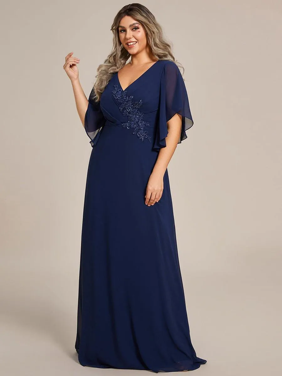 Yvonne | Graceful Plus Size A-line Ruffles Sleeve Chiffon Mother of the Bride Dress with Applique
