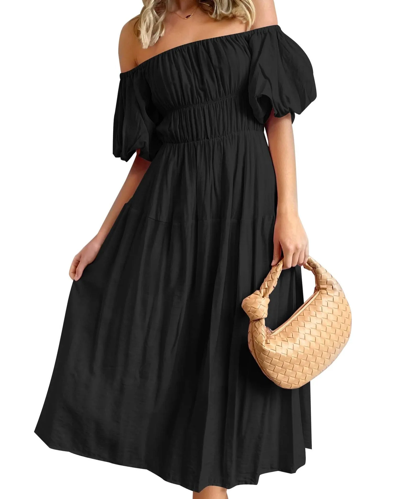 ZESICA Boho Off Shoulder Ruffled Flowy Midi Dress