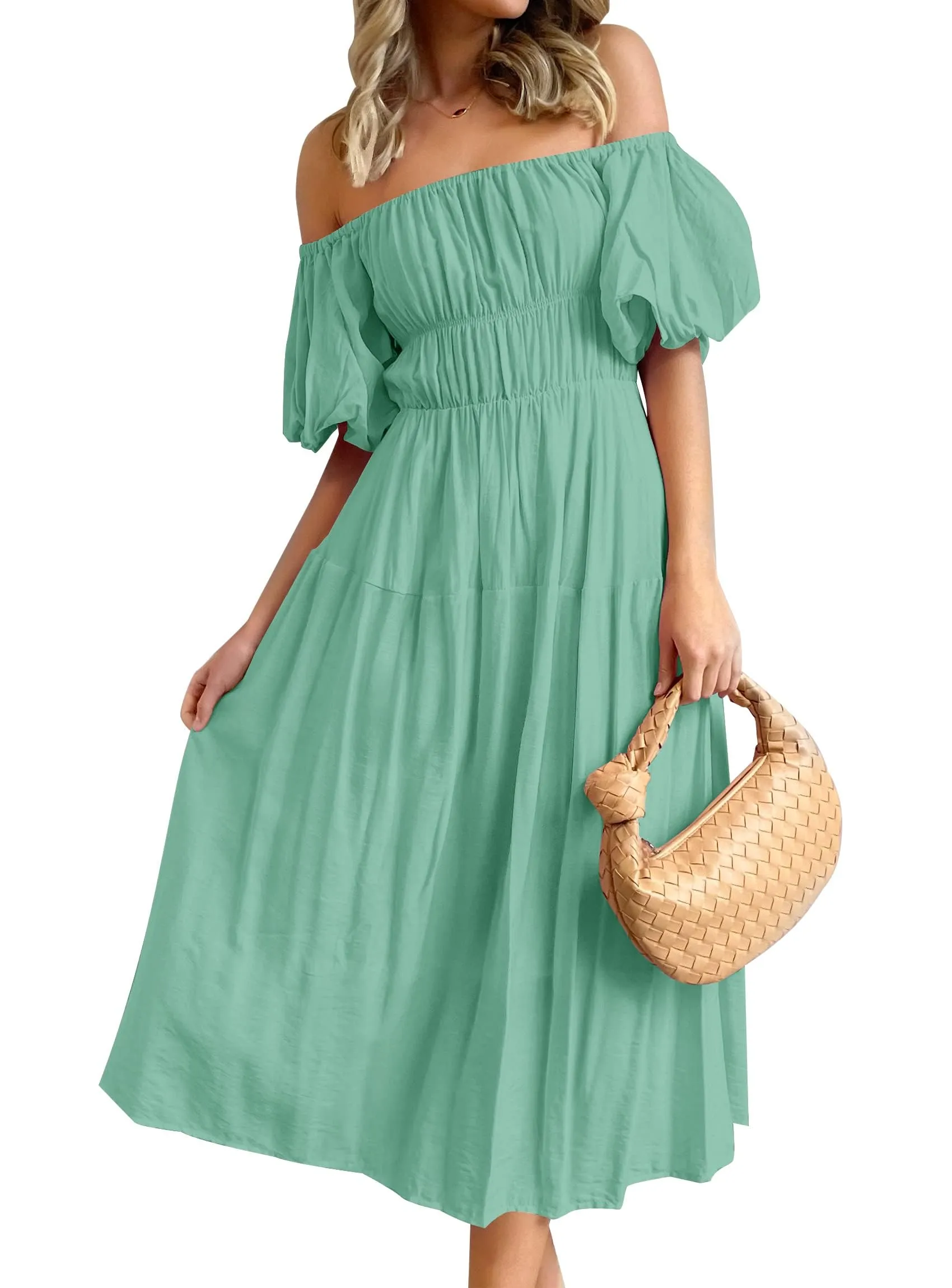 ZESICA Boho Off Shoulder Ruffled Flowy Midi Dress