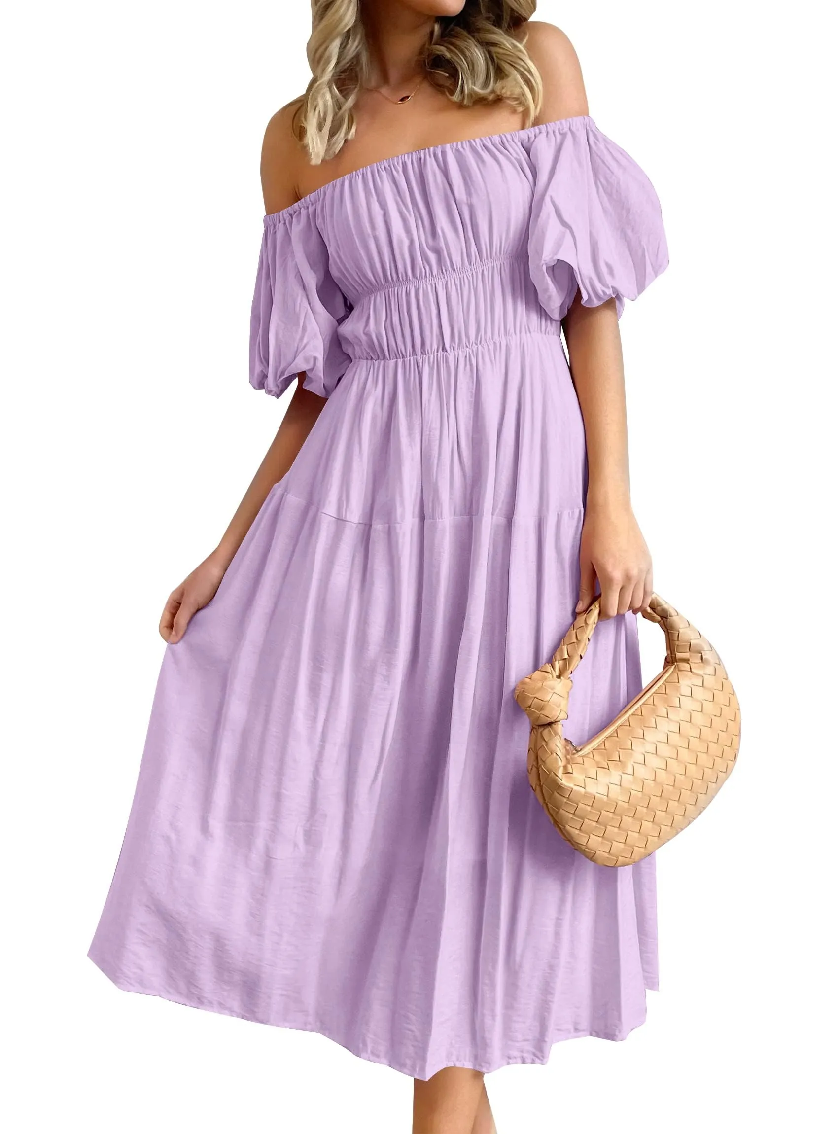ZESICA Boho Off Shoulder Ruffled Flowy Midi Dress