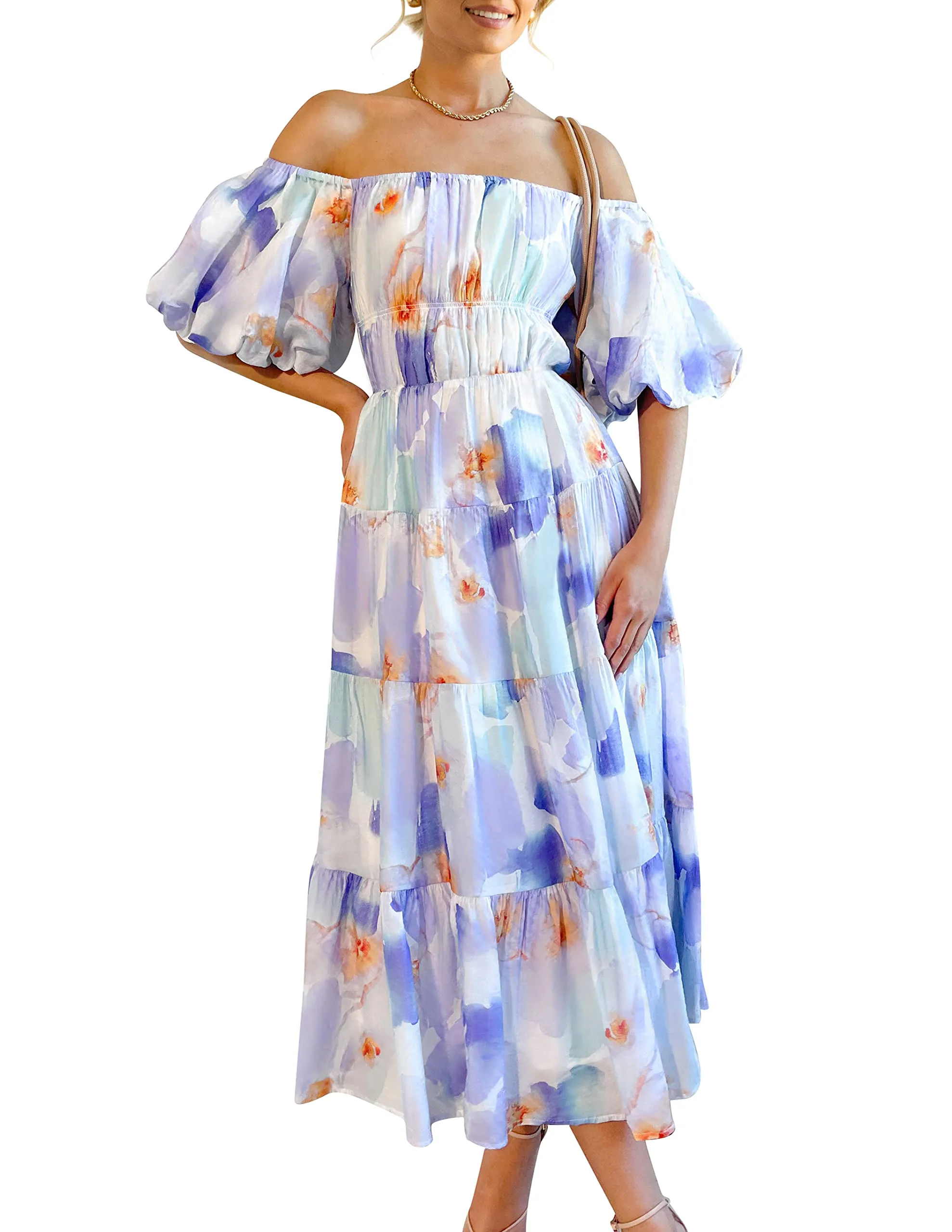 ZESICA Boho Off Shoulder Ruffled Flowy Midi Dress