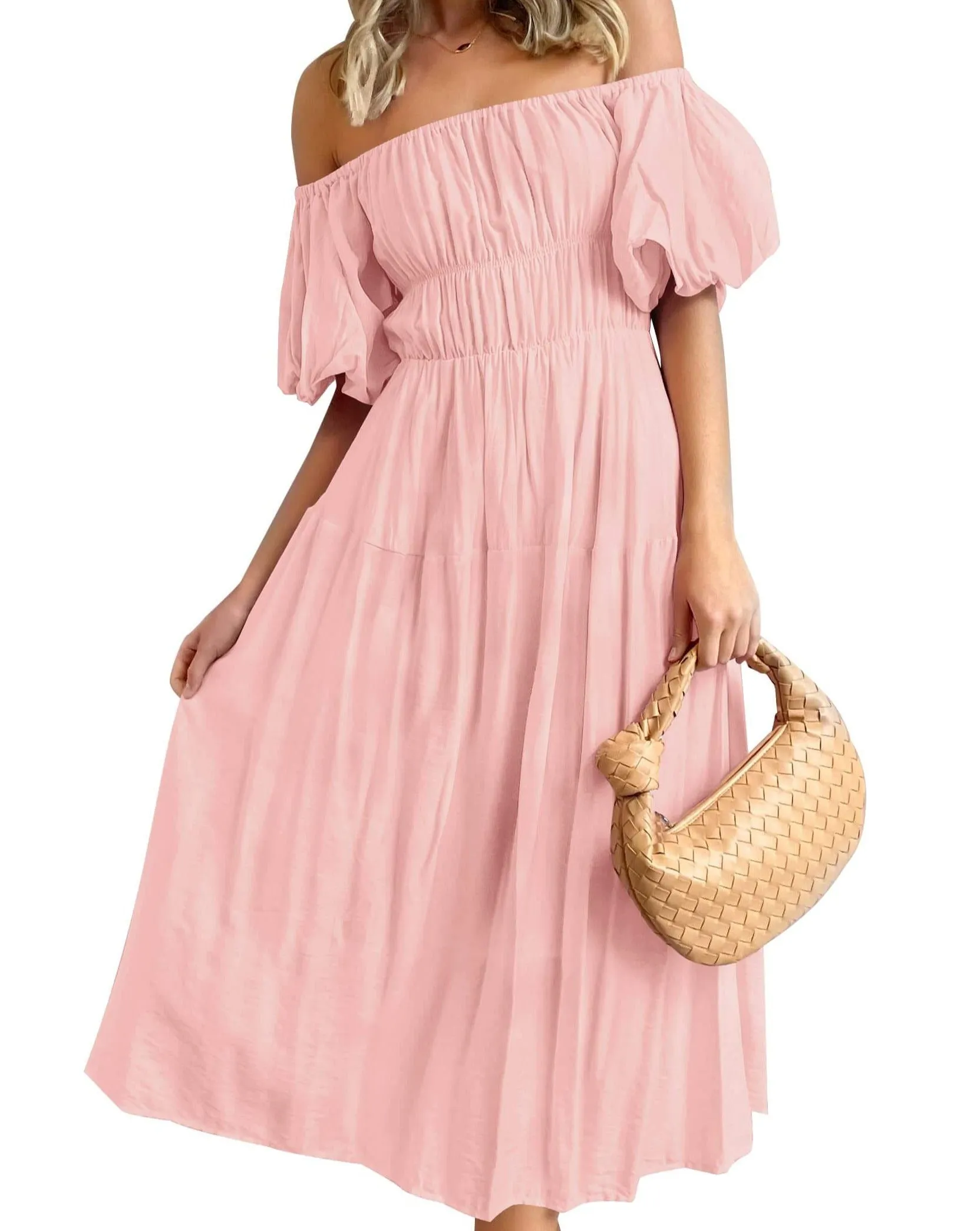ZESICA Boho Off Shoulder Ruffled Flowy Midi Dress