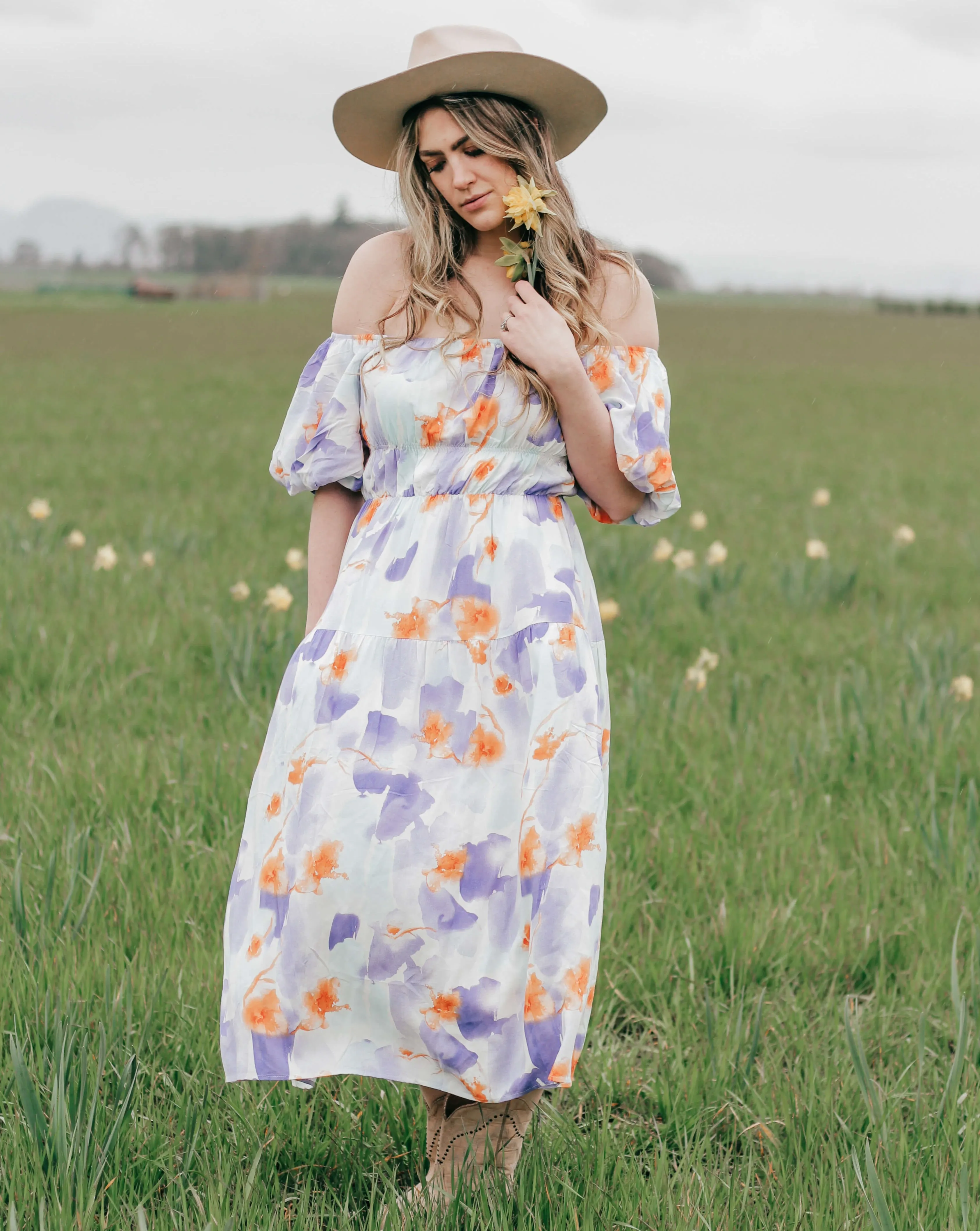 ZESICA Boho Off Shoulder Ruffled Flowy Midi Dress