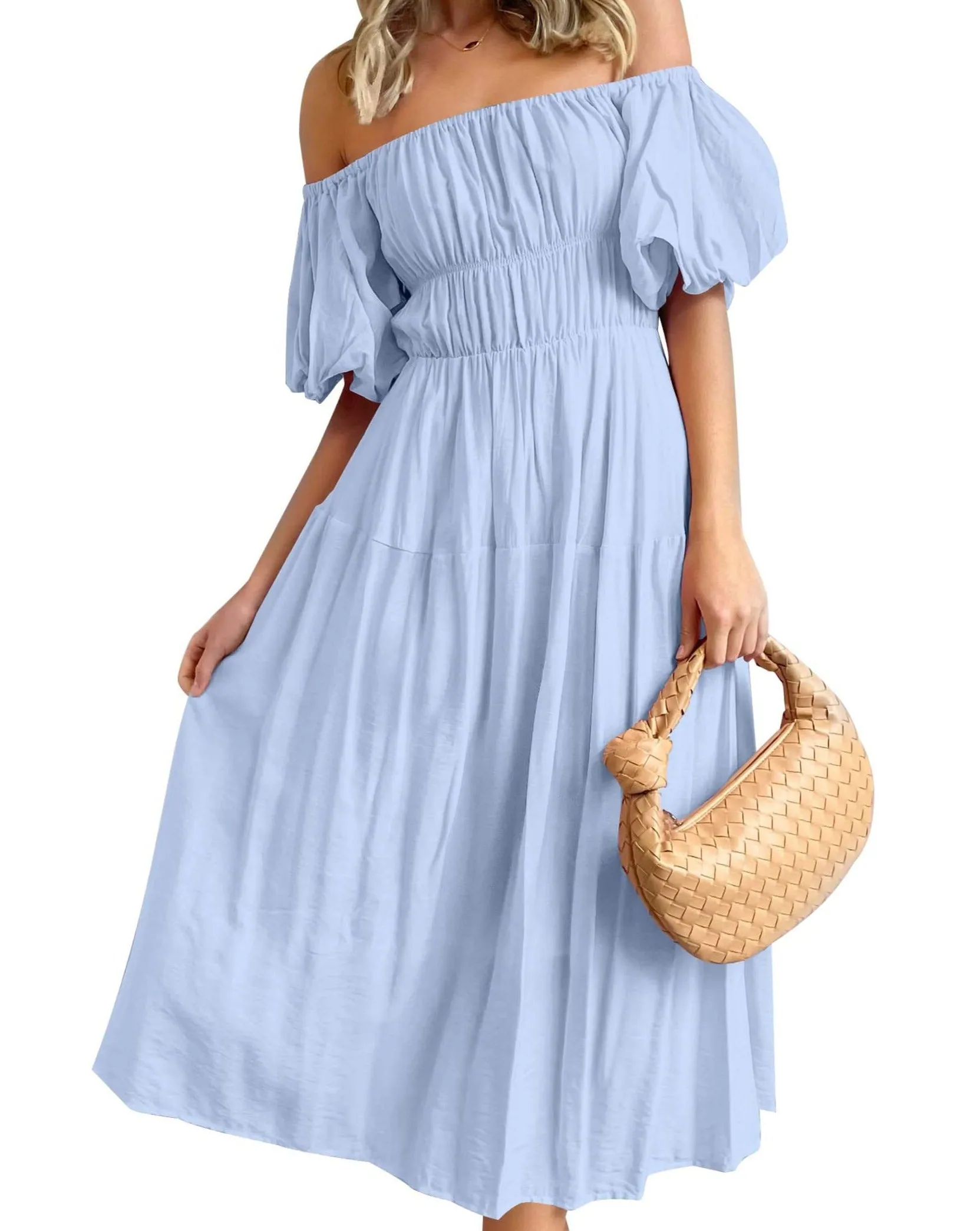 ZESICA Boho Off Shoulder Ruffled Flowy Midi Dress