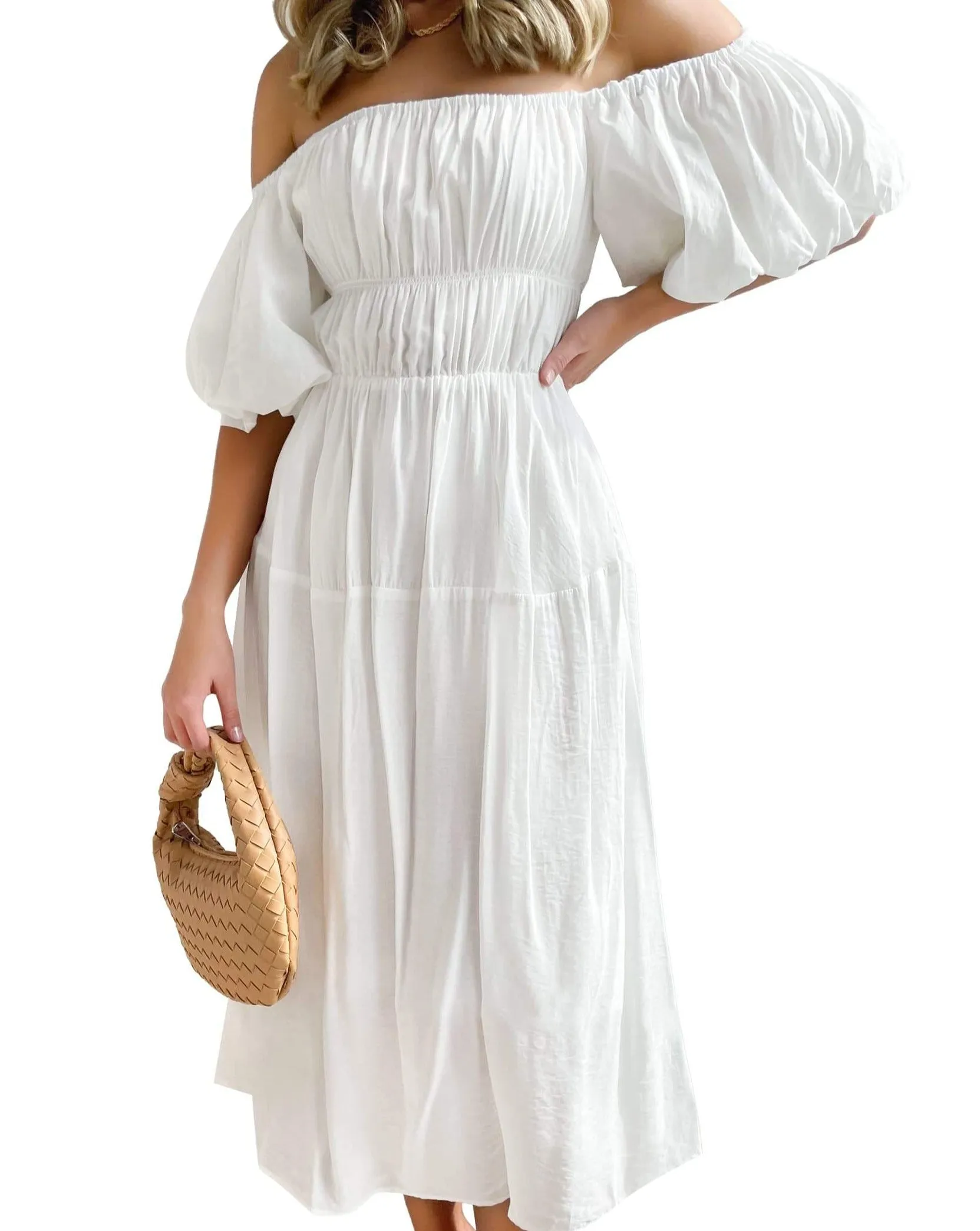 ZESICA Boho Off Shoulder Ruffled Flowy Midi Dress