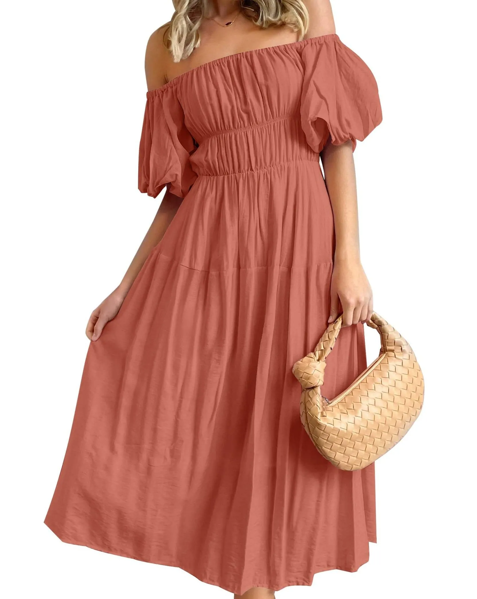 ZESICA Boho Off Shoulder Ruffled Flowy Midi Dress